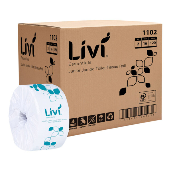Livi Essentials 2ply JUNIOR Jumbo Toilet Rolls (120m per roll x 16 rolls per carton) Livi Essentials 2ply JUNIOR Jumbo Toilet Rolls (120m per roll x 16 rolls per carton)