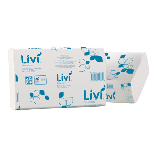 LIVI Essentials 1 Ply Premium Interleaved Hand Towels 200 sheets x 20 units LIVI Essentials 1 Ply Premium Interleaved Hand Towels 200 sheets x 20 units