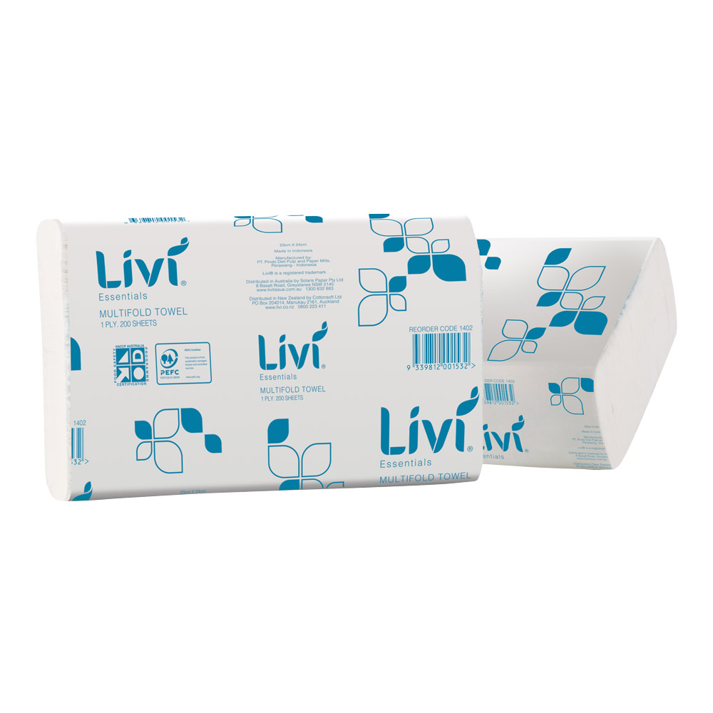 LIVI Essentials 1 Ply Premium Interleaved Hand Towels 200 sheets x 20 units