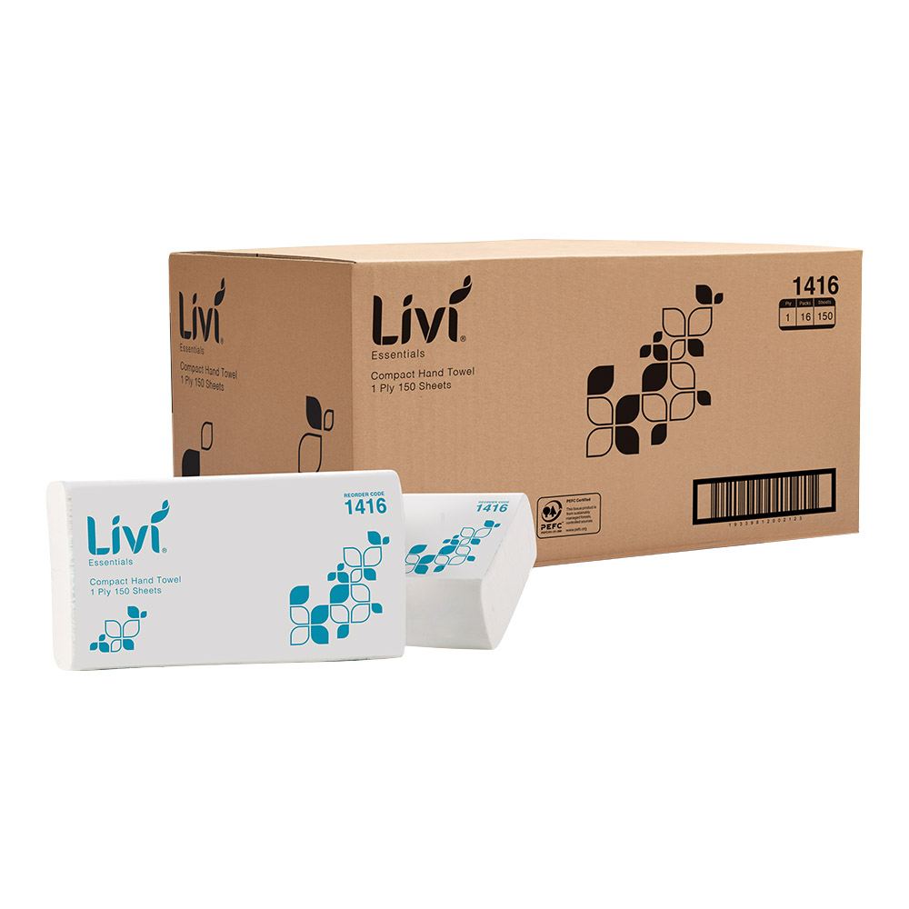 LIVI Essentials 1 Ply Compact Hand Towels 150 sheets x 16 units per carton