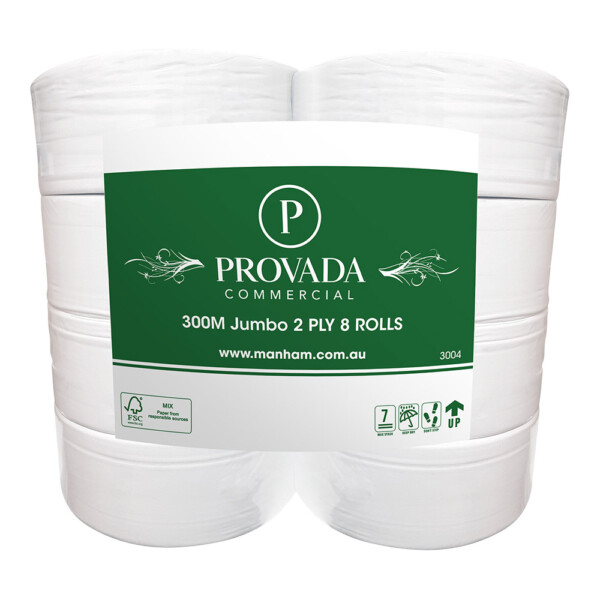Provada Quality 2ply 300 metre Jumbo Toilet Rolls x 8 per polybag