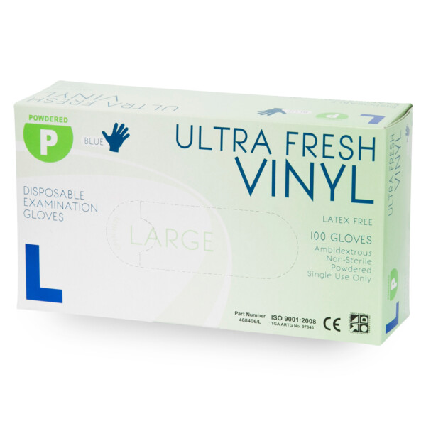 468406 Large-Blue Ultra Fresh Disposable Vinyl Gloves x 1000 per carton