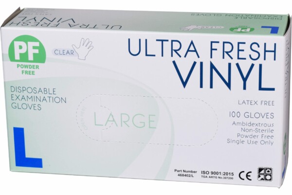 468406 Large-Clear Ultra Fresh Disposable Vinyl Gloves x 1000 per carton