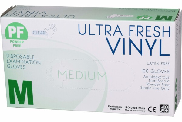 468406 Med-Clear Ultra Fresh Disposable Vinyl Gloves x 1000 per carton