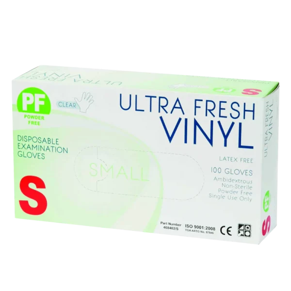 468406 Small PF-Clear Ultra Fresh Disposable Vinyl Gloves x 1000 per carton